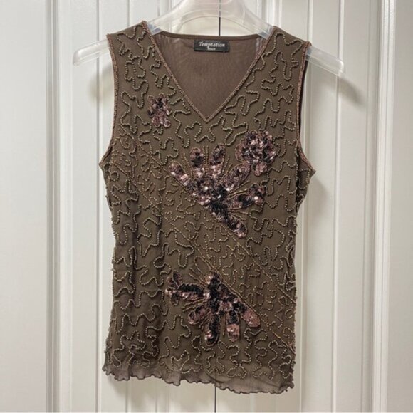 Vintage Embellished Sequin Sleeveless Top Brown - Picture 4 of 11